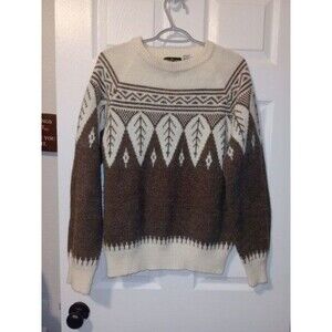 Boundary Waters Mens Sweater Fair Isle XL Cream Brown Wool Blend Crewneck